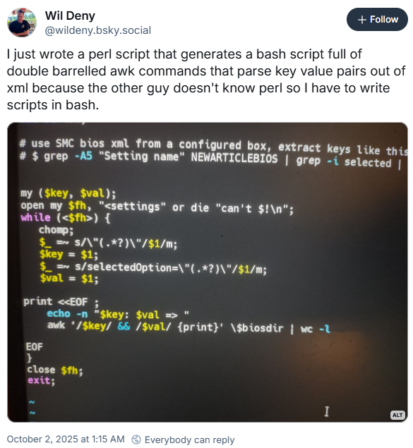 Oh lordy. A screenshot from Bluesky of a post by Wil Deny (@wildeny.bsky.social) that says 'I just wrote a shell script that generates a bash script full of double barrelled awk commands that parse key value pairs out of xml because the other guy doesn't know perl so a have to write scripts in bash.'